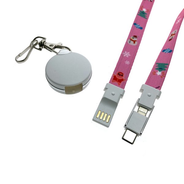 Универсальный кабель - переходник 3в1, Type-C + micro USB + iphone Lightning 8pin, Elyard3i1 розовый, ремешок на шею
