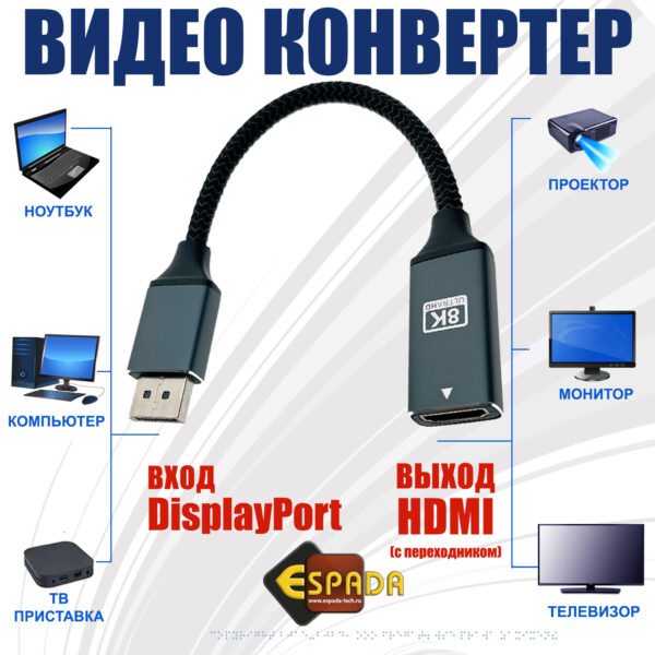 Видеоконвертер Display Port male to HDMI female 8k, Edphd8k активный Espada