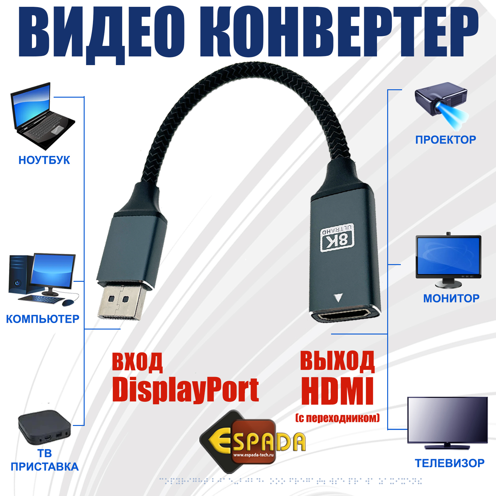 Видеоконвертер Display Port male to HDMI female 8k, Edphd8k активный Espada Видеоконвертер Display Port male to HDMI female 8k, Edphd8k активный Espada